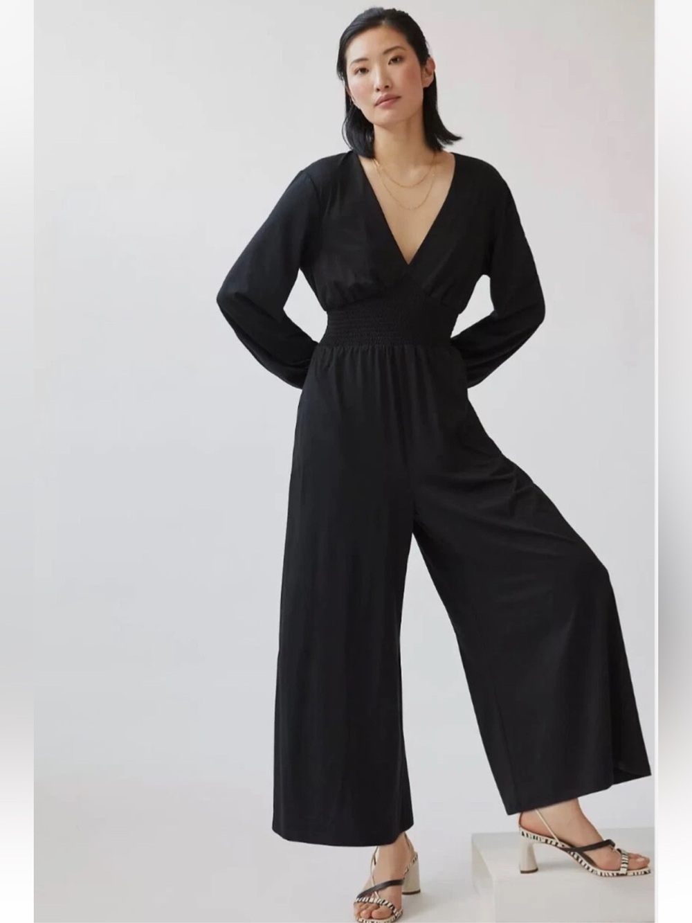 NWT Hutch Anthropologie Black Jersey Knit Wide-Leg V-Neck Smocked Jumpsuit Small